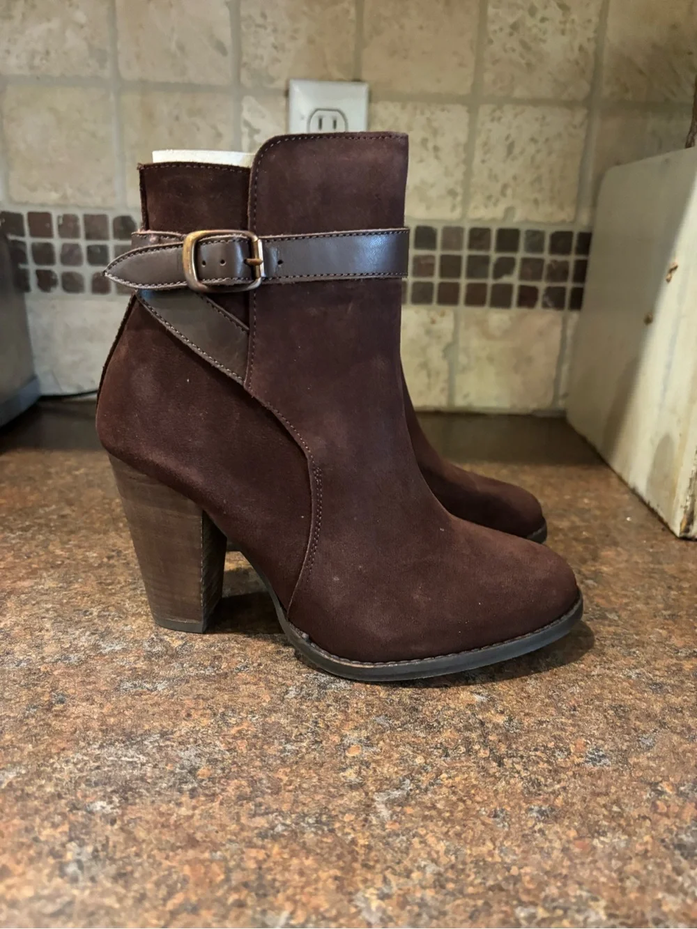 Dune London Dark Brown Suede Ankle Booties with Buckle Strap
